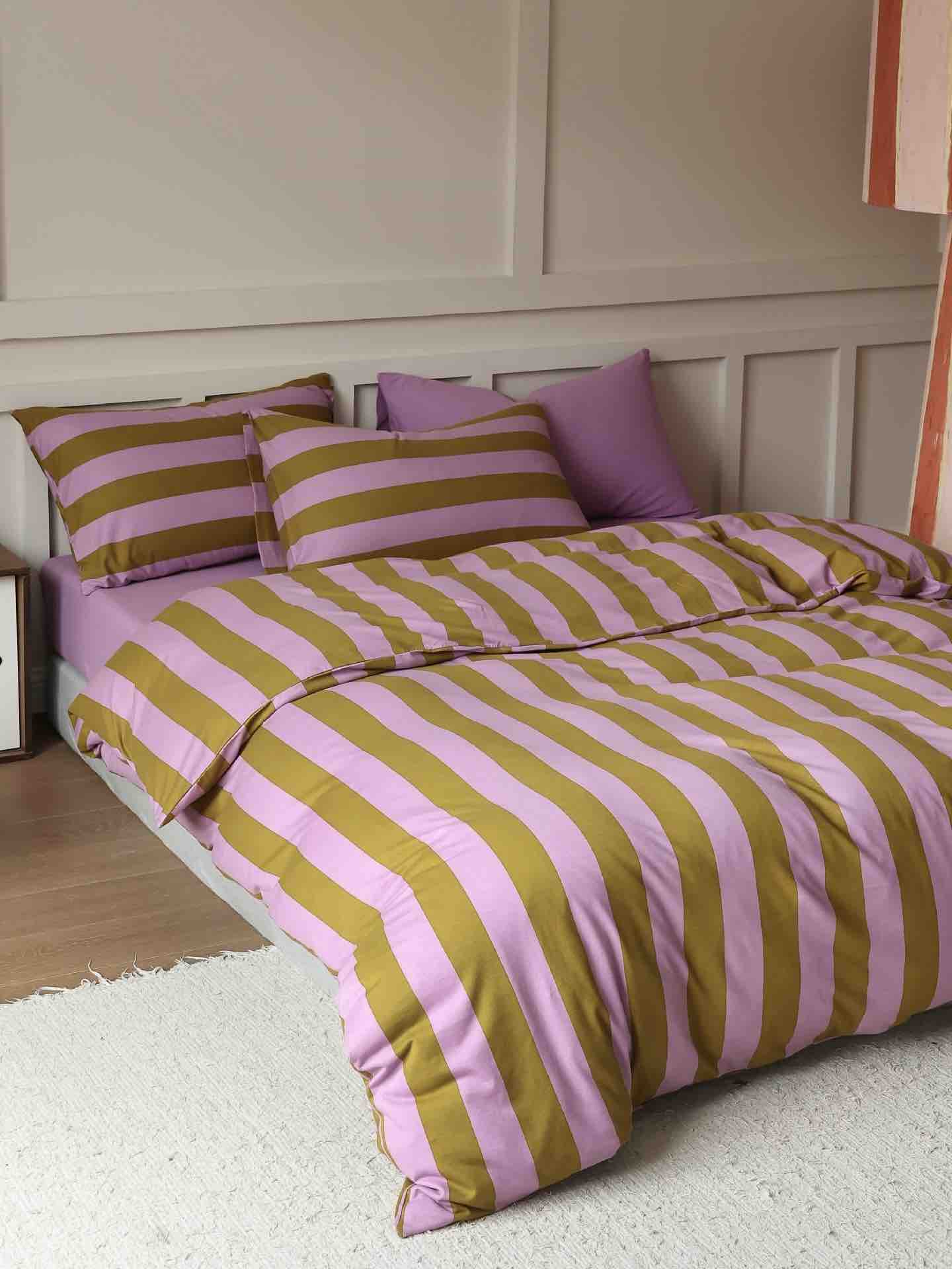 Dopamine Stripe Cotton Queen Size Duvet Cover Set With Pillowcases