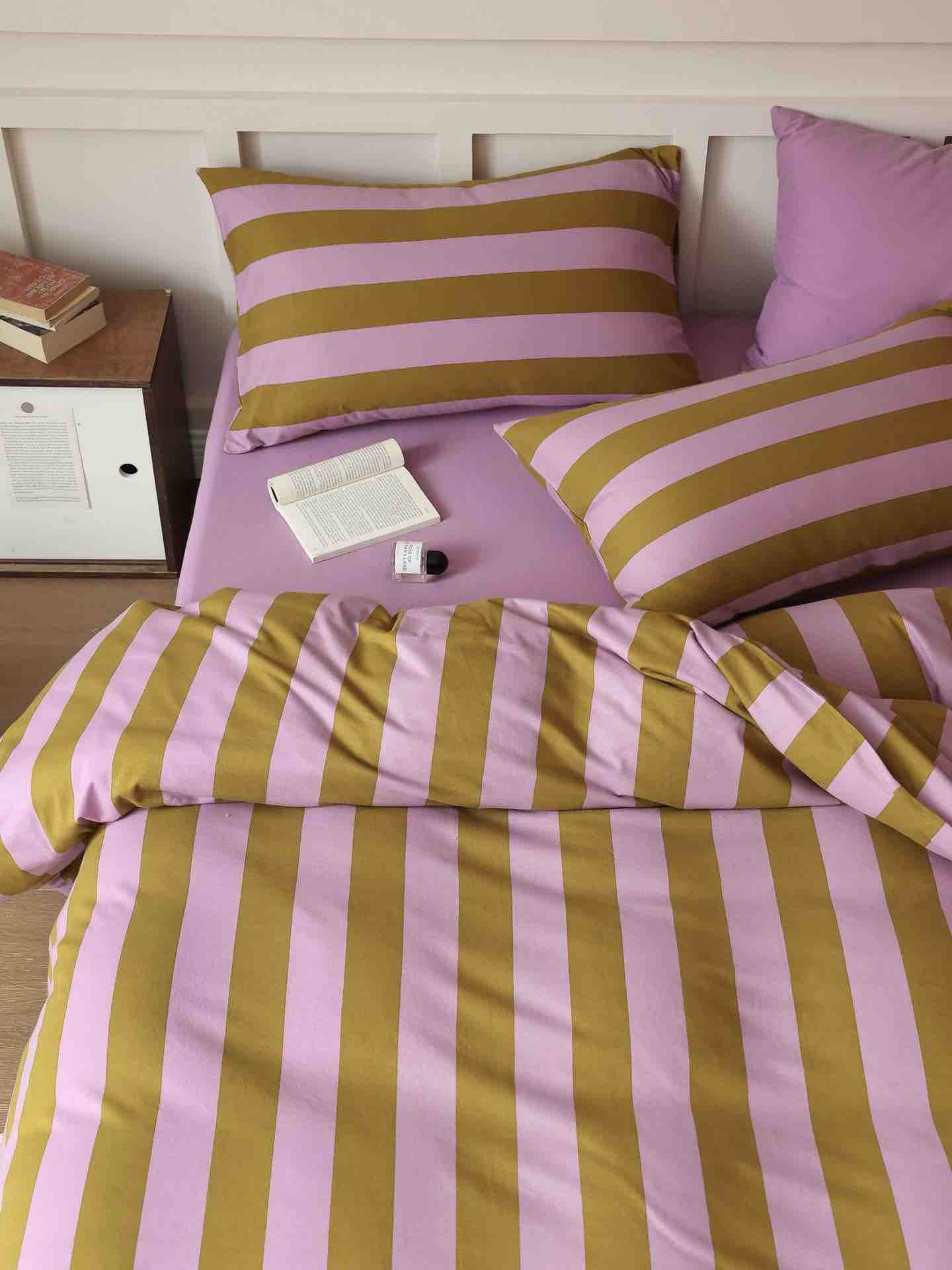 Dopamine Stripe Cotton Queen Size Duvet Cover Set With Pillowcases