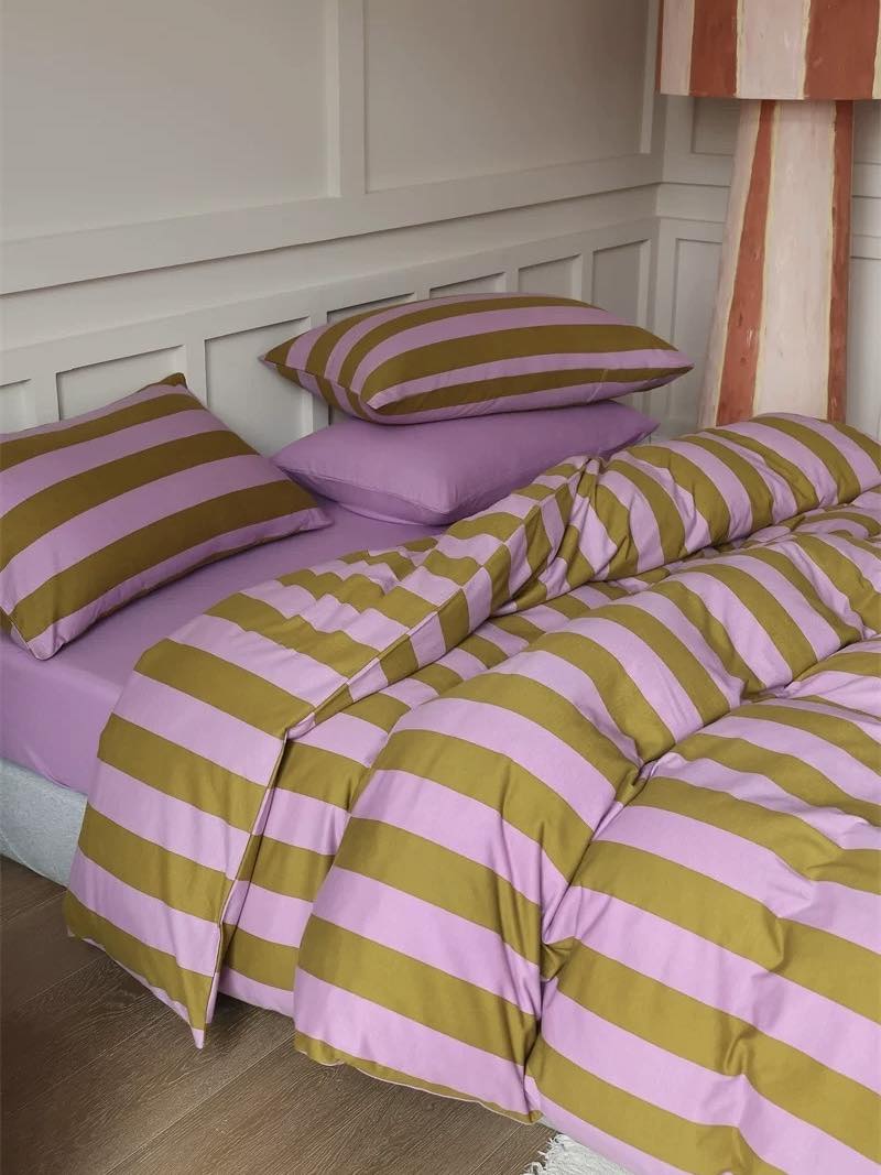 Dopamine Stripe Cotton Queen Size Duvet Cover Set With Pillowcases