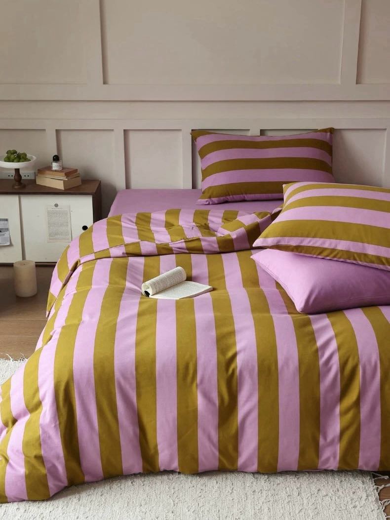 Dopamine Stripe Cotton Queen Size Duvet Cover Set With Pillowcases