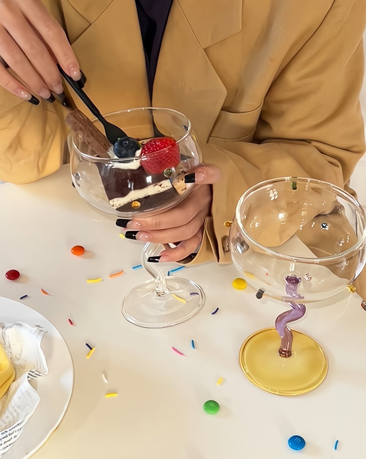Set Of 2 Hand Blown Rainbow Sprinkles Wine Glasses, Whimsical Eclectic