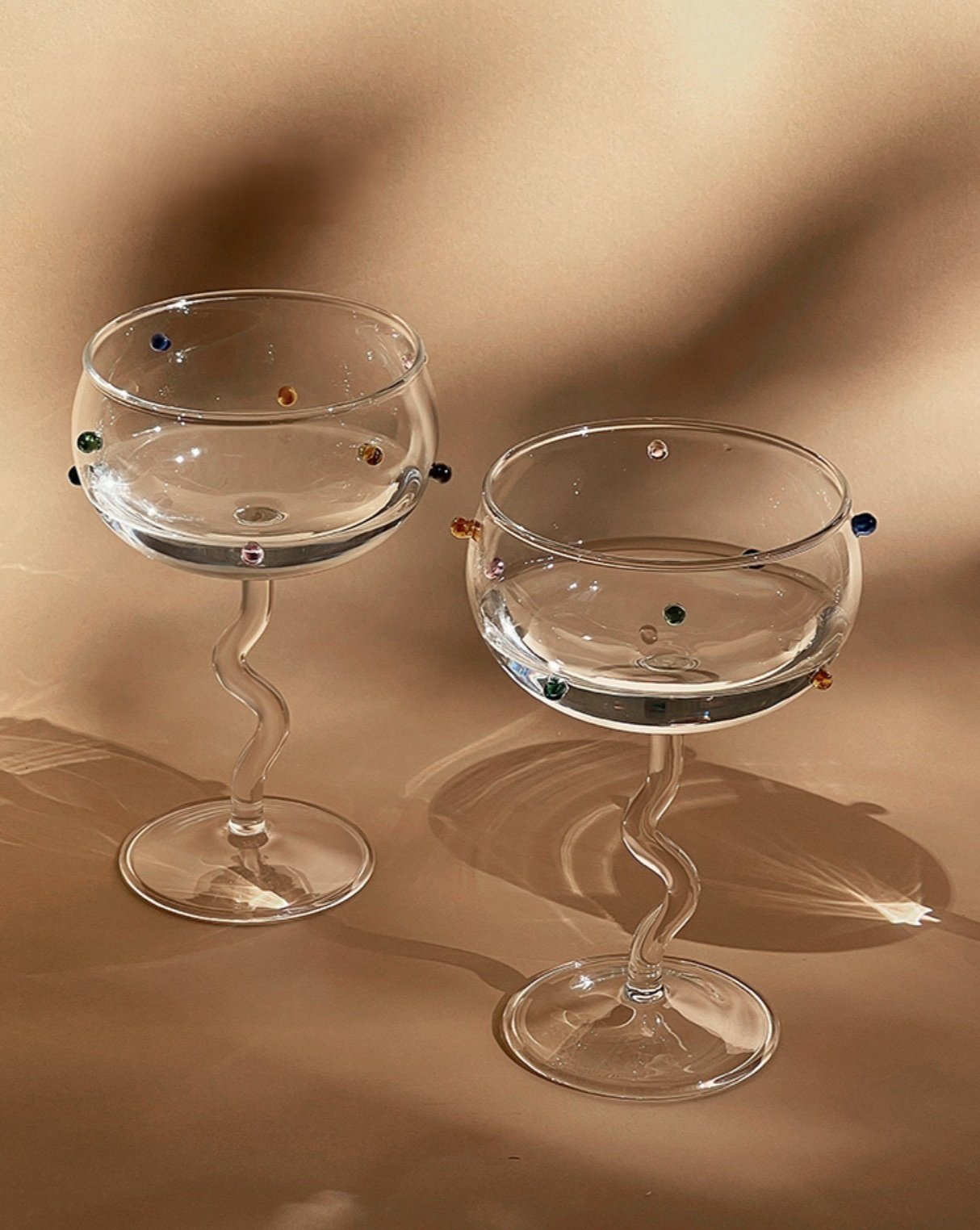 Set Of 2 Hand Blown Rainbow Sprinkles Wine Glasses, Whimsical Eclectic