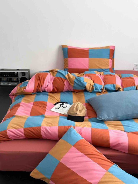 Rainbow Checker Queen Duvet Cover Set With Pillowcases & Fitted Sheet