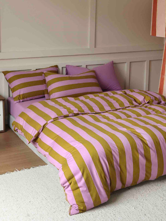 Dopamine Stripe Cotton Queen Size Duvet Cover Set With Pillowcases